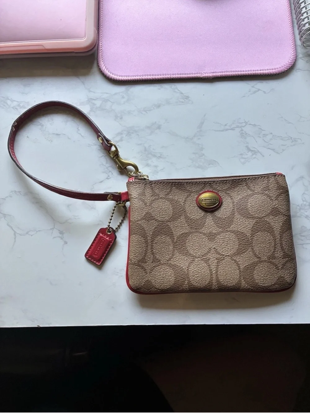 Coach Signature Canvas Wristlet in Khaki with Red Trim